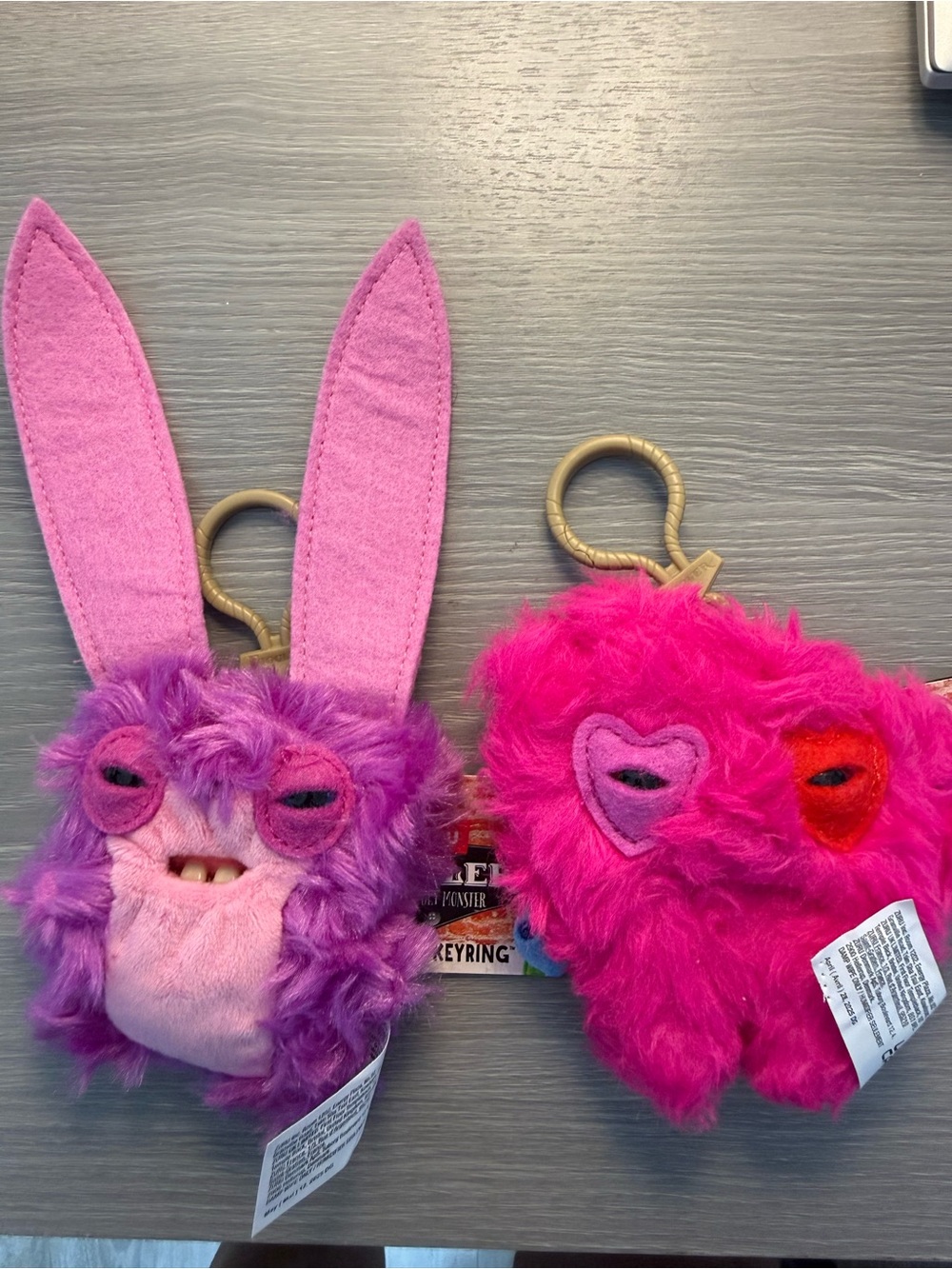 2 Plush Bunny & Heart Keyring Duo - Pink and Purple